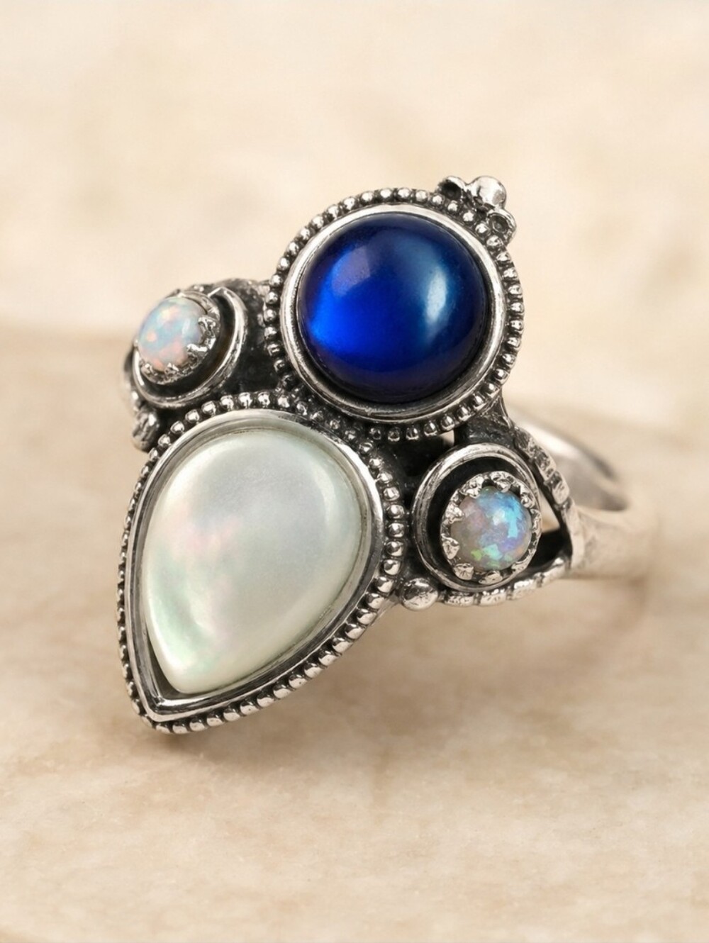 Vintage Style Silver Tone Moonstone Labradorite Ring Size 9.5 Statement Jewelry